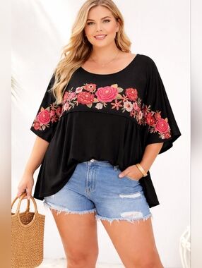 Savanna Jane Black Tunic with Pink & Red Floral Embroidery 1X / 2X